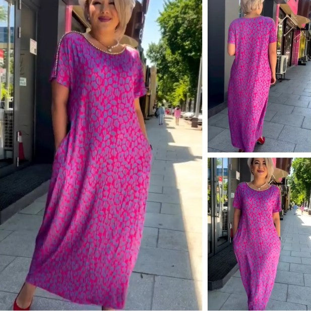 Leni™ Vestido rosa y morado con estampado floral y escote de diamante
