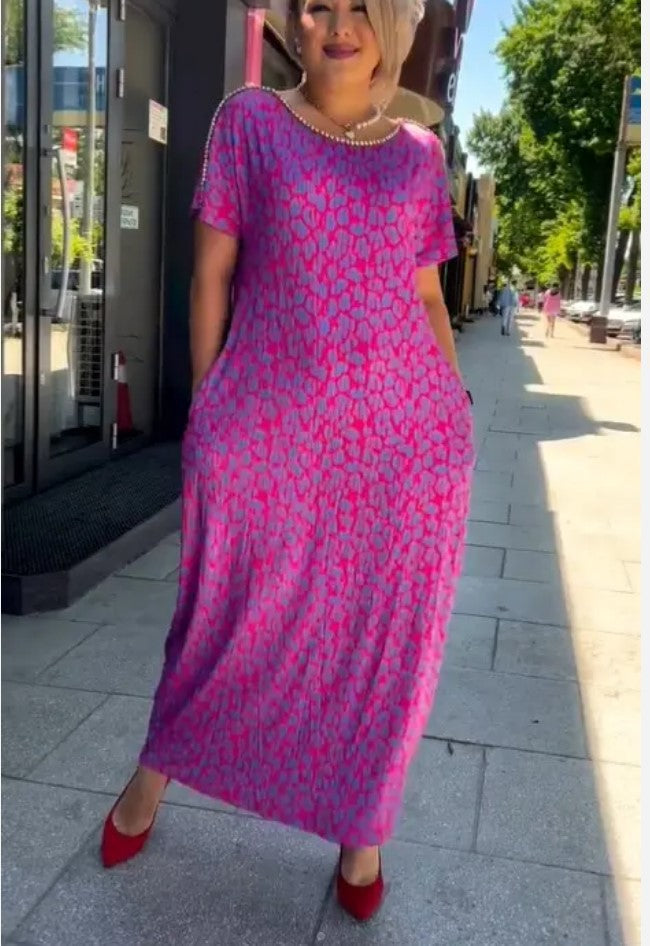 Leni™ Vestido rosa y morado con estampado floral y escote de diamante