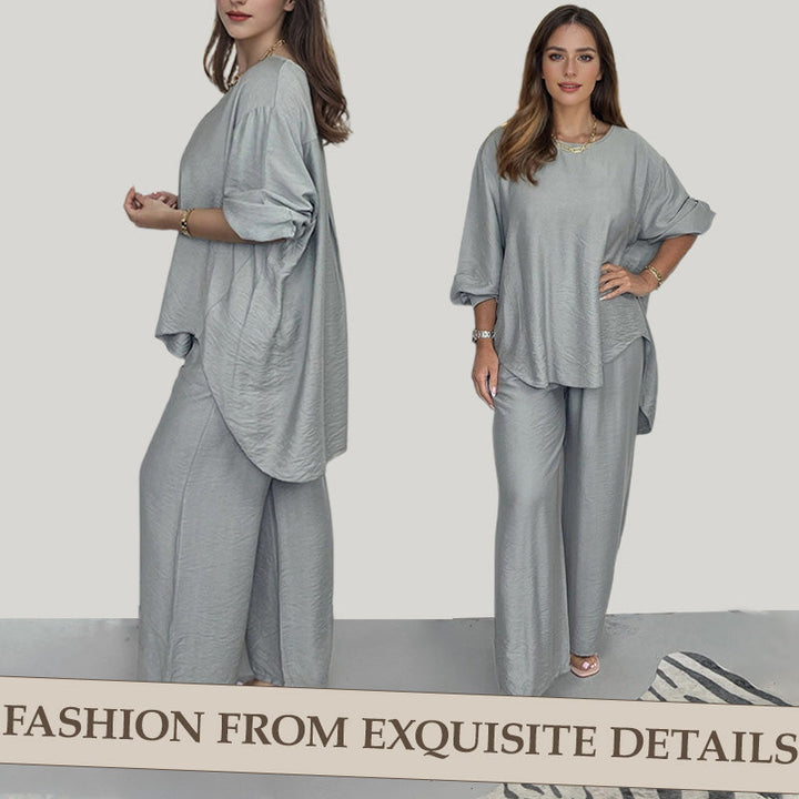 Nova™ Conjunto de Blusa de Manga Larga y Pantalón de Pierna Ancha para Mujeres