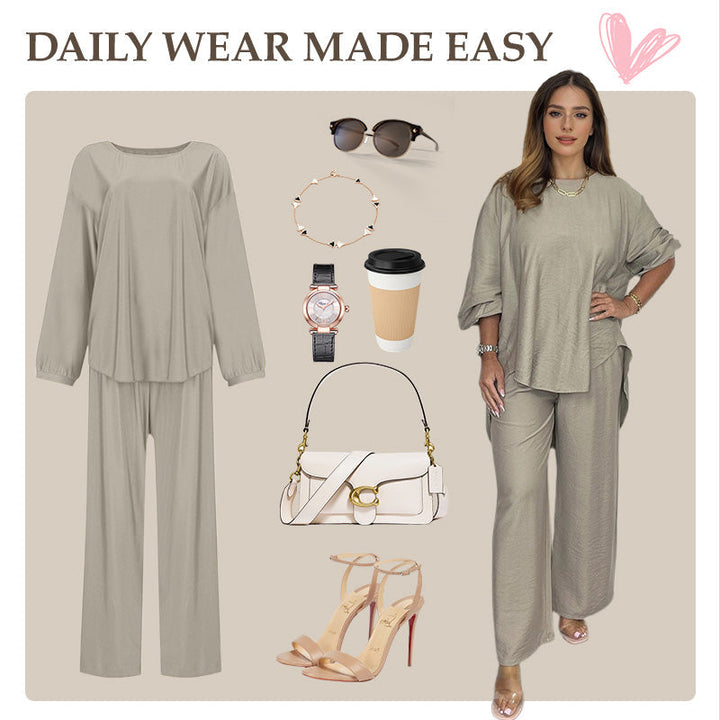 Nova™ Conjunto de Blusa de Manga Larga y Pantalón de Pierna Ancha para Mujeres