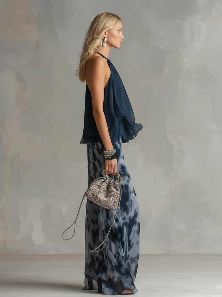 Isolde | elegante en chiffon con top de cuello alto y pantalones anchos estampados