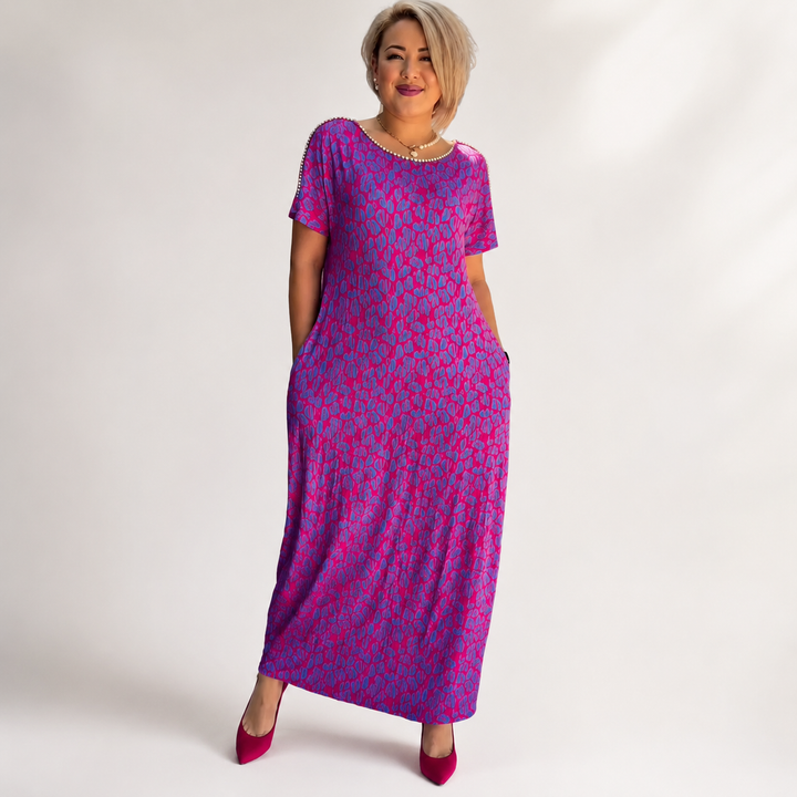 Leni™ Vestido rosa y morado con estampado floral y escote de diamante