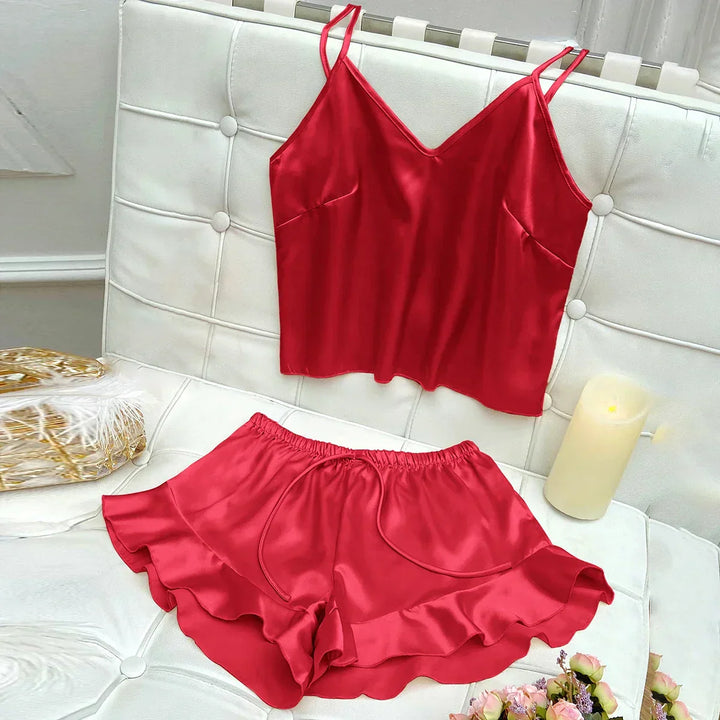 Jessa | Conjunto de Pijamas Completo con Top de Satén y Pantalones Cortos