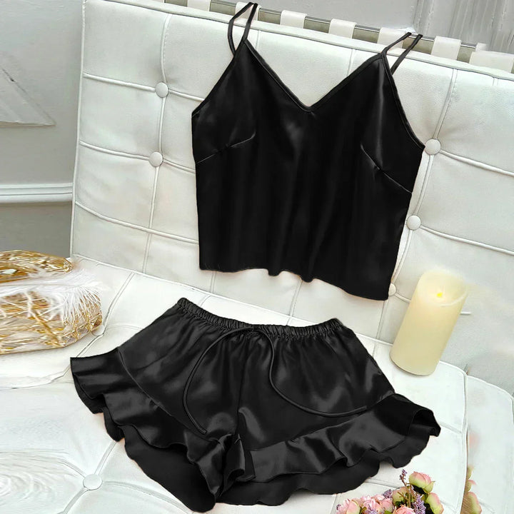 Jessa | Conjunto de Pijamas Completo con Top de Satén y Pantalones Cortos