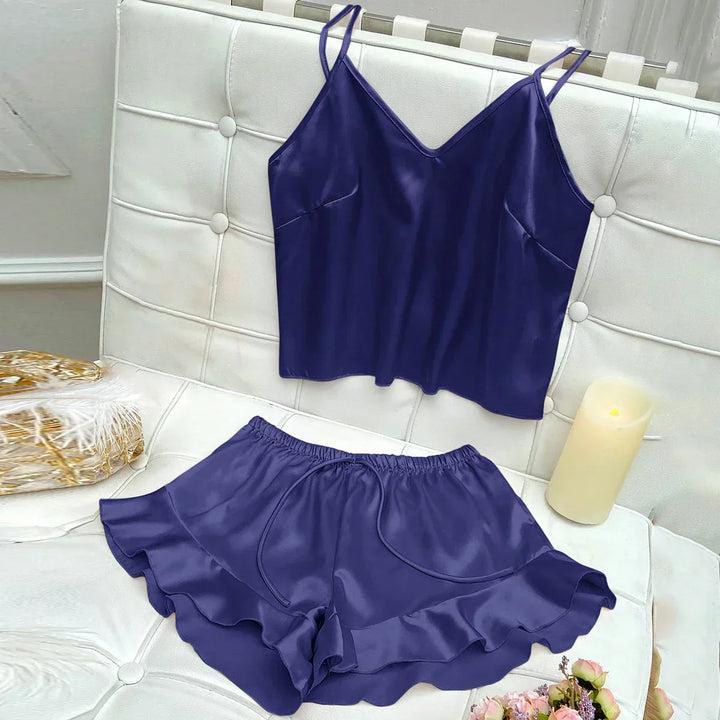 Jessa | Conjunto de Pijamas Completo con Top de Satén y Pantalones Cortos