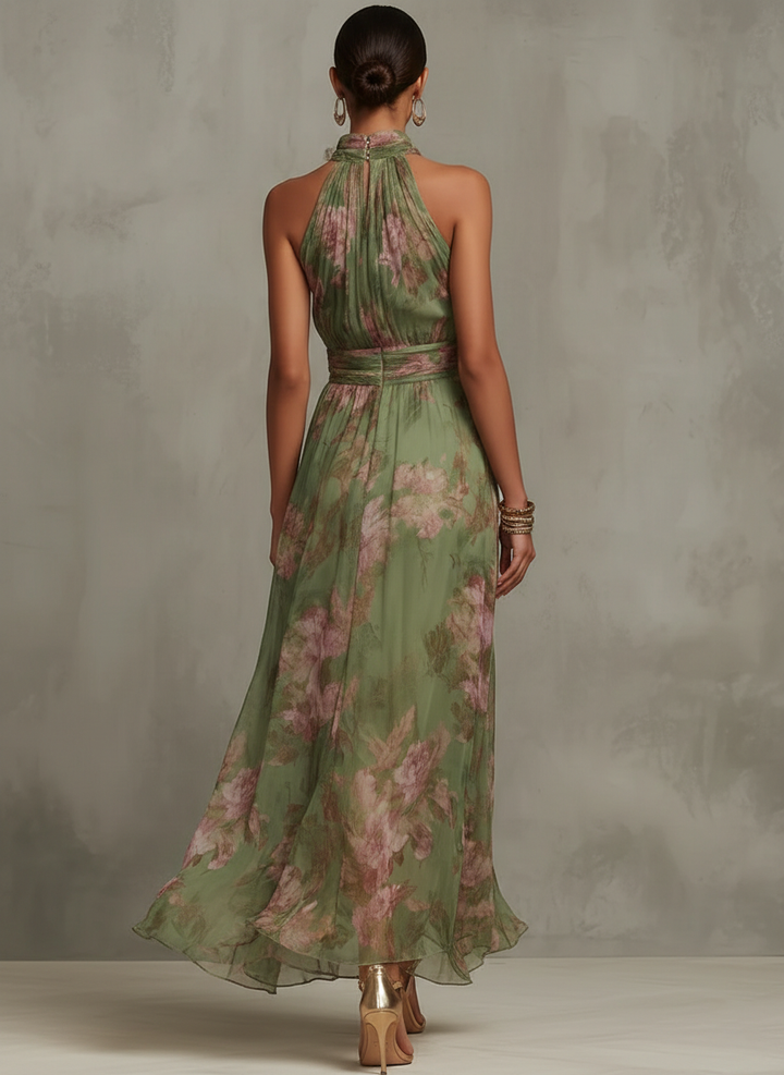 Aria™ Vestido Largo Halter de Gasa Floral en Verde
