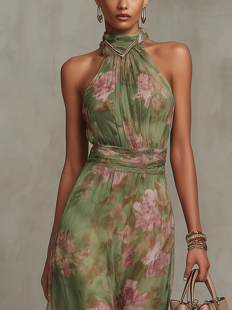 Aria™ Vestido Largo Halter de Gasa Floral en Verde