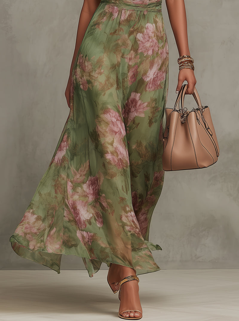 Aria™ Vestido Largo Halter de Gasa Floral en Verde