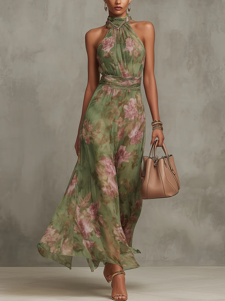 Aria™ Vestido Largo Halter de Gasa Floral en Verde