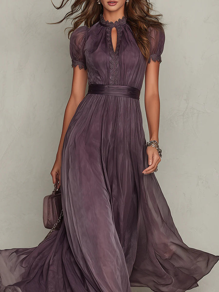 Bellamy™ Vestido largo morado con escote tipo llave, borde de encaje de gasa