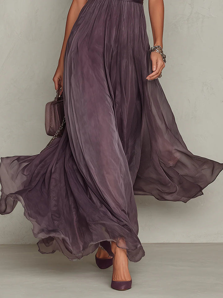 Bellamy™ Vestido largo morado con escote tipo llave, borde de encaje de gasa