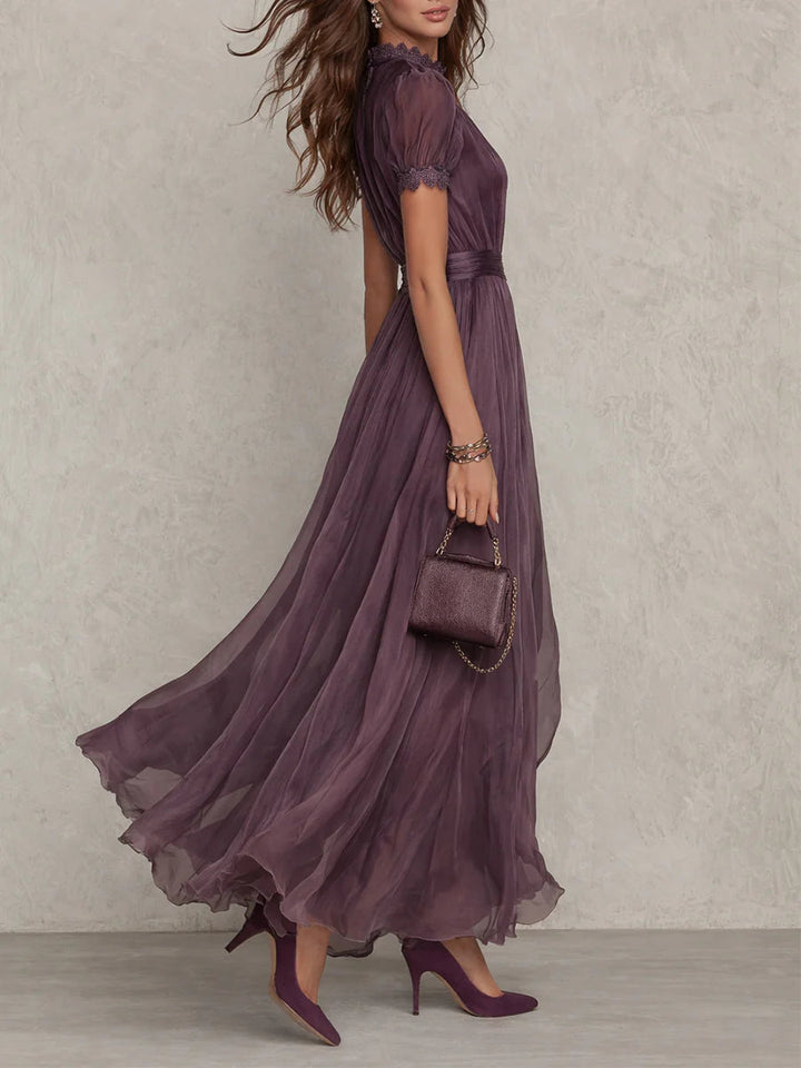 Bellamy™ Vestido largo morado con escote tipo llave, borde de encaje de gasa