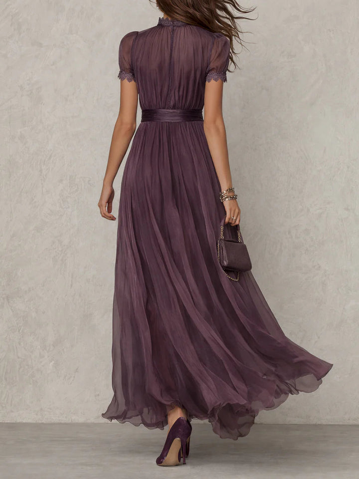 Bellamy™ Vestido largo morado con escote tipo llave, borde de encaje de gasa