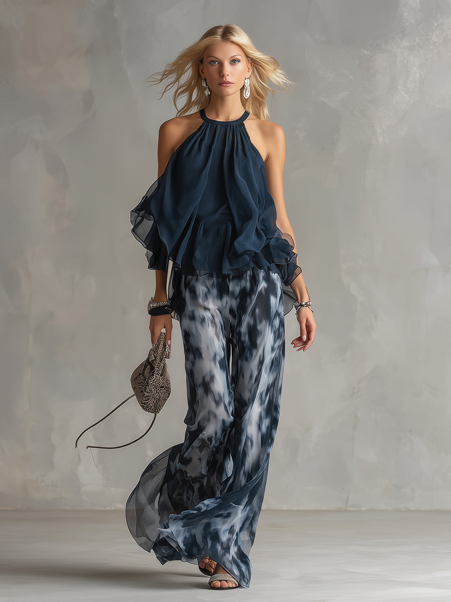 Isolde | elegante en chiffon con top de cuello alto y pantalones anchos estampados
