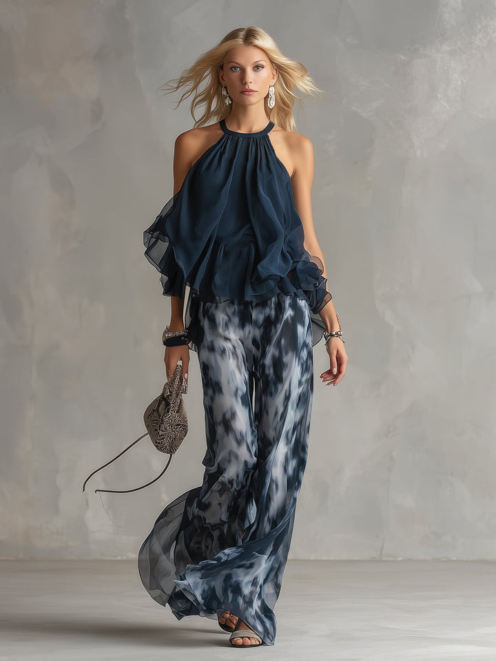 Isolde | elegante en chiffon con top de cuello alto y pantalones anchos estampados