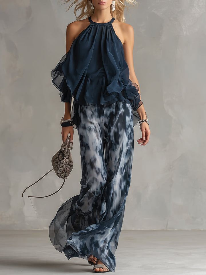 Isolde | elegante en chiffon con top de cuello alto y pantalones anchos estampados