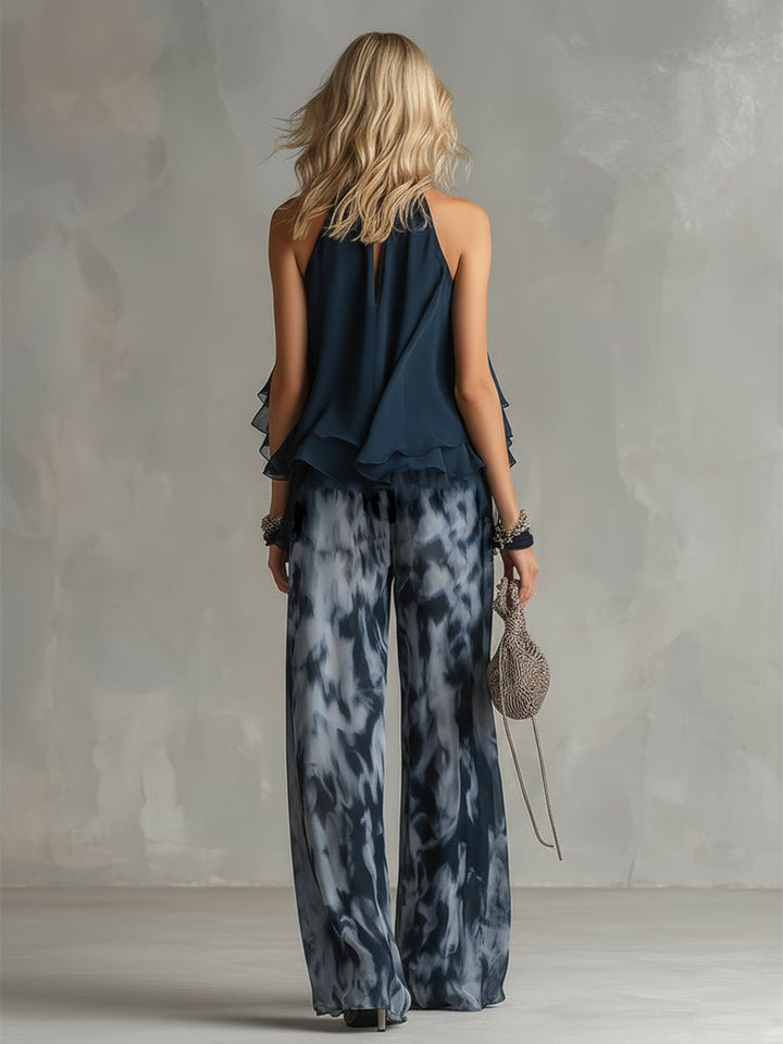 Isolde | elegante en chiffon con top de cuello alto y pantalones anchos estampados