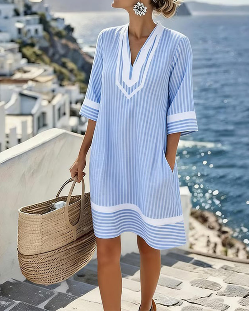 Fifer™ Vestido de manga corta a rayas con escote en V
