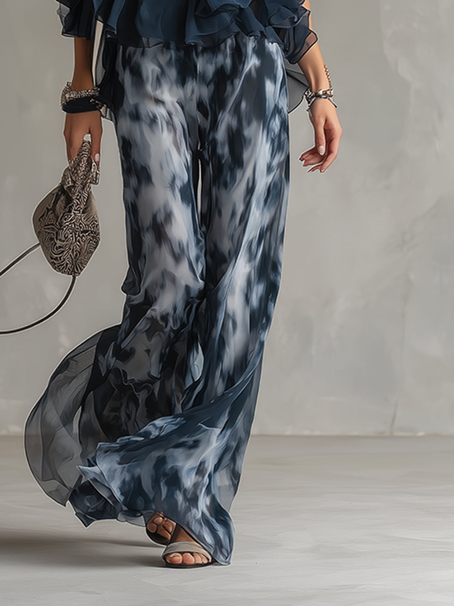 Isolde | elegante en chiffon con top de cuello alto y pantalones anchos estampados