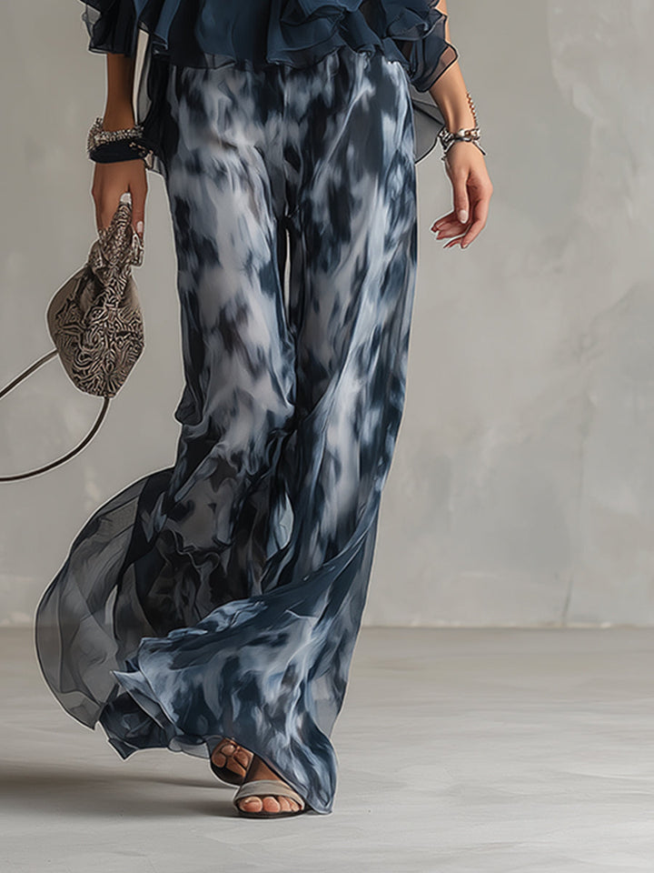 Isolde | elegante en chiffon con top de cuello alto y pantalones anchos estampados