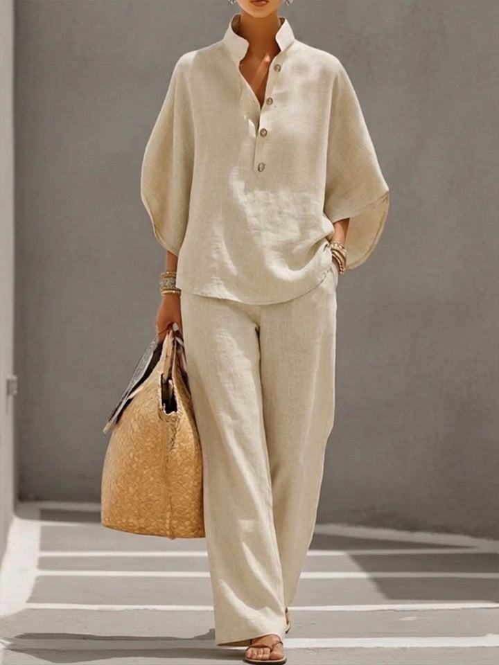 Kinsley™ Conjunto de Algodón y Lino con Mangas Murciélago y Pantalón Ancho