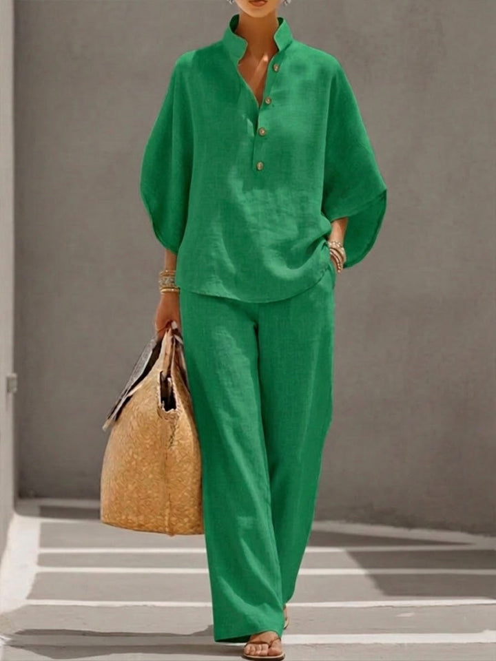 Kinsley™ Conjunto de Algodón y Lino con Mangas Murciélago y Pantalón Ancho