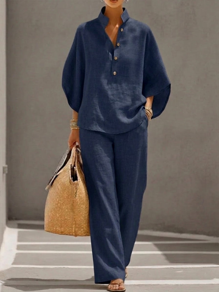 Kinsley™ Conjunto de Algodón y Lino con Mangas Murciélago y Pantalón Ancho