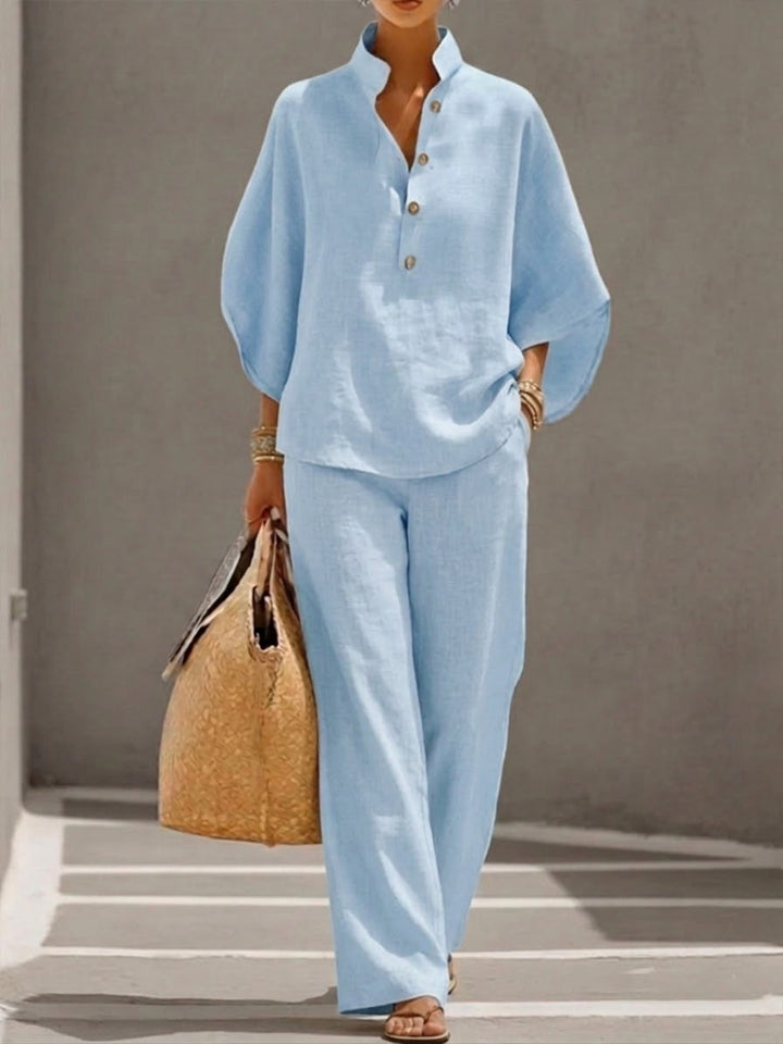 Kinsley™ Conjunto de Algodón y Lino con Mangas Murciélago y Pantalón Ancho