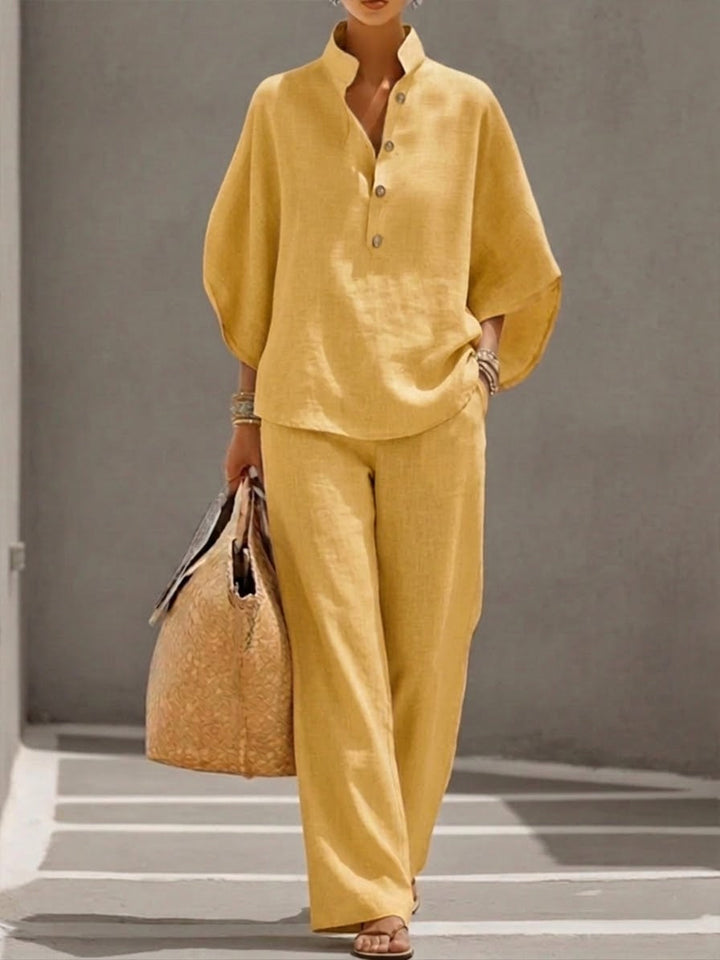 Kinsley™ Conjunto de Algodón y Lino con Mangas Murciélago y Pantalón Ancho